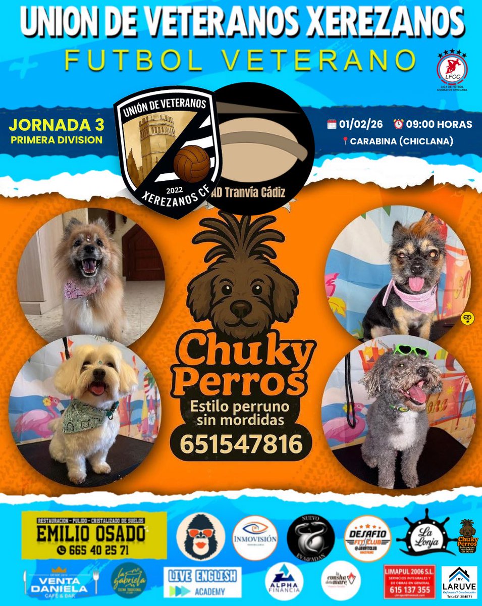 📅 Domingo 01 de febrero 
⏰ 9:00
⚽ Farito vs Unión de Veteranos Xerezanos
📍  Chiclana de la Frontera 
🏟 Partido de liga 
Cartel dedicado a nuestro patrocinador: @chukyperros 

#UVXCF #Unionistas #UnionDeVeteranosXerezanosCF #FútbolBase