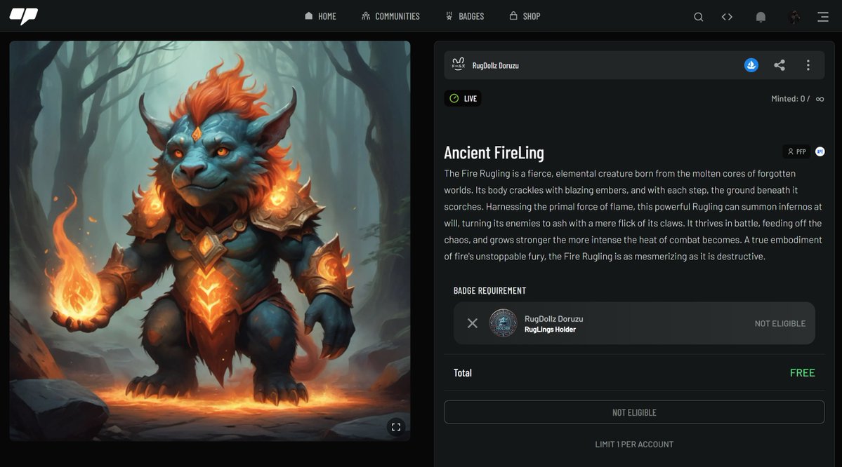 AlexLee_NFT's tweet image. First Try for all RugLing Holders &amp;gt; FREE MINT on OtherSide!

Check out the "Ancient FireLing" mintable from RugDollz Doruzu on @opdotxyz!

 op.xyz/mintables/de72…