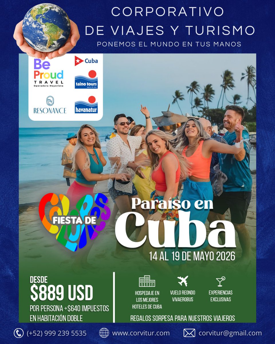 Corvitur's tweet photo. 🌈 Cuba + playa + fiesta + orgullo = el viaje perfecto ✨
Vive la Fiesta de Colores del 14 al 19 de mayo 2026.
 CORVITUR... Ponemos el mundo en tus manos 🌎🤲 https://t.co/roTEX5rHPq