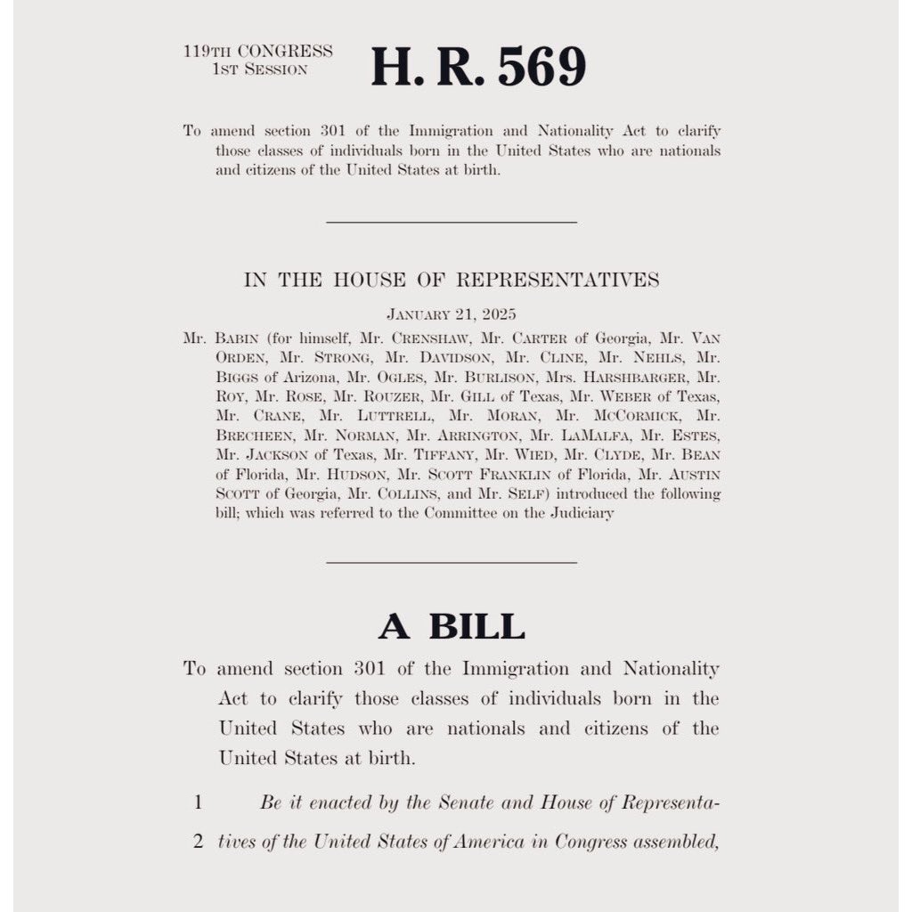 RepThomasMassie's tweet image. I am a cosponsor of @RepBrianBabin's HR 569, the Birthright Citizenship Act of 2025.

This bill closes a loophole that incentivizes illegal aliens to break our laws. Under its provisions, children of illegal aliens would not qualify for 14th Amendment birthright citizenship.