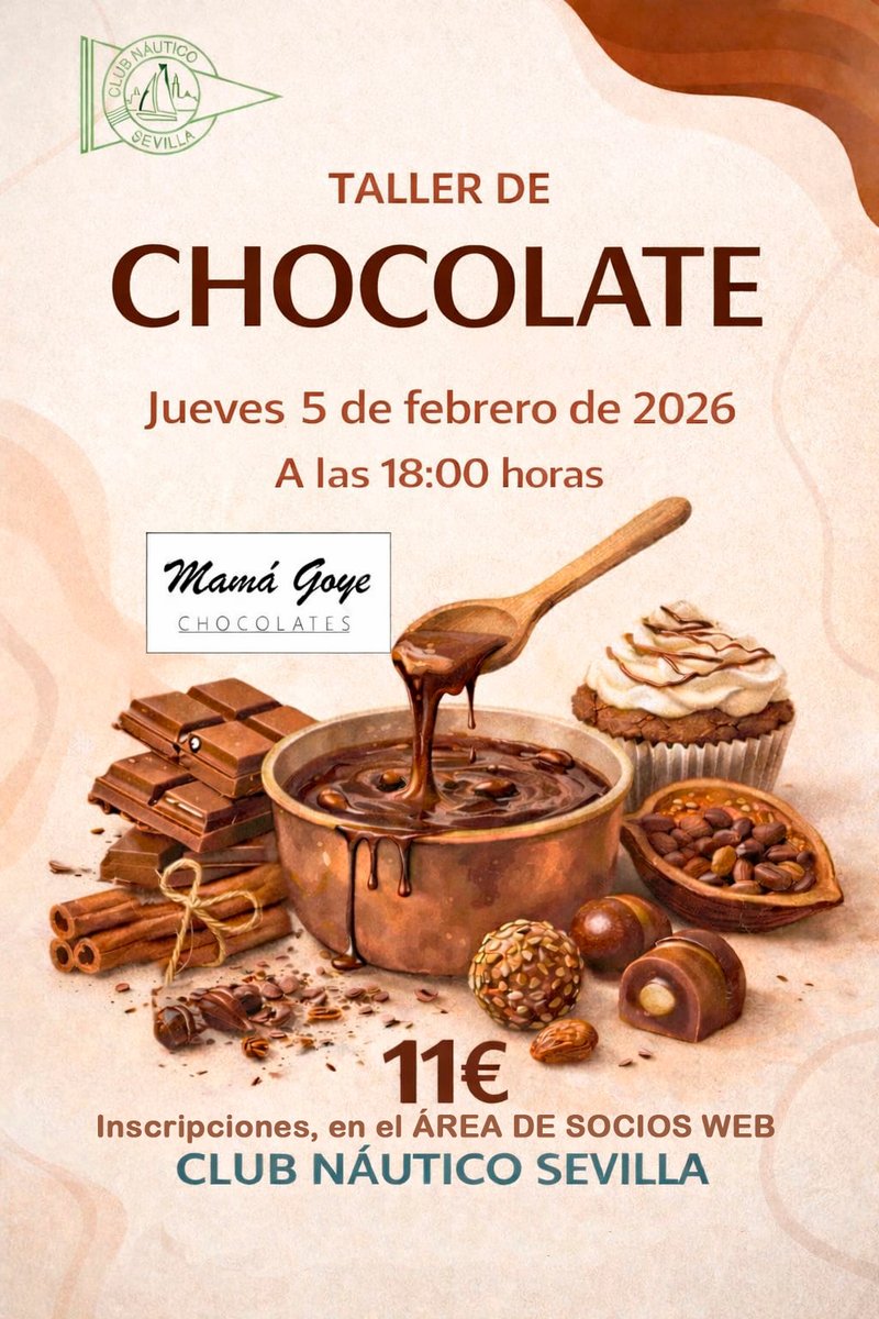 🍫 Taller de chocolate en el Club Náutico

👨‍👨‍👧‍👧 El próximo jueves, 5 de febrero, a las 18:00 h, actividad dirigida a todas las edades organizada en colaboración con Chocolates Mama Goye

✍️🏻Reserva de plazas (11€) a través del Área de socios web

📰clubnauticosevilla.com/taller-de-choc…