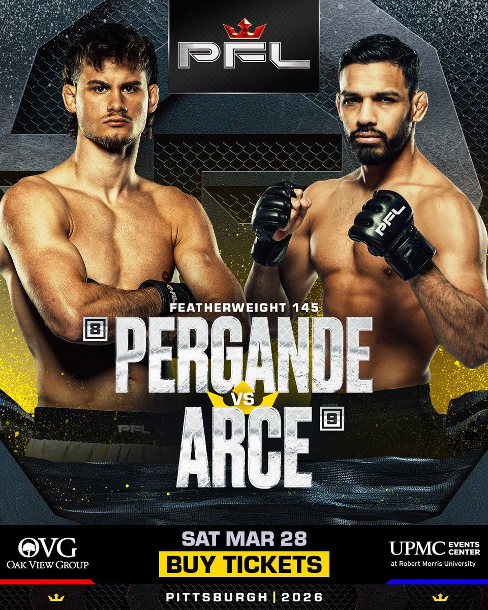 PFL_PR's tweet photo. Two Main Card Fights Added to #PFLPittsburgh at the @UPMCEventsCtr on March 28

Women’s Flyweight Main Card Bout: #8-@Ariane_lipski (17-11) vs. #4-@SumikoInaba (8-2)

Featherweight Main Card Bout: #8-@AlexeiPergande (7-0) vs. #9-@JArceTSMMA (21-6) https://t.co/Syzrt1Bdq9
