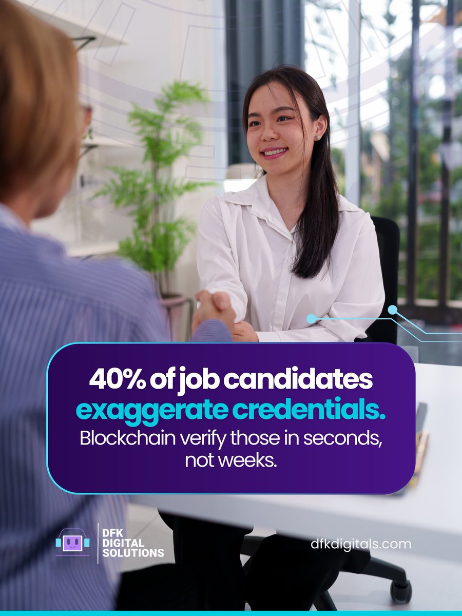 dfkdigitals's tweet photo. 40% of job candidates exaggerate credentials. Blockchain verifies them in seconds, not weeks. 

🔍 Every degree, license, and certificate - instantly validated, securely stored, fraud-proof. 

Trust shouldn't take weeks to build. Comment 'HR' for more info! 

#HRtech #blockchain https://t.co/BzPylJWGyv