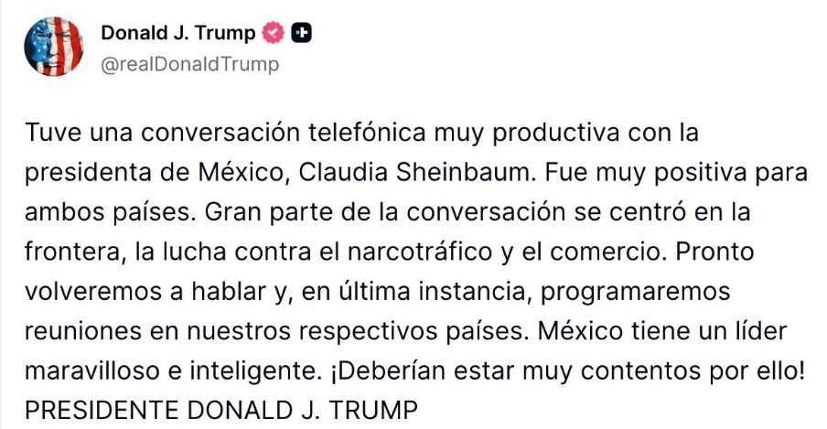 cesargutipri's tweet photo. El presidente Donald Trump calificó como “muy productiva” la llamada telefónica que sostuvo con la presidenta Claudia Sheinbaum.

Señaló que la conversación se centró en temas de frontera, combate al narcotráfico y comercio, y adelantó que volverán a hablar para programar reuniones bilaterales.