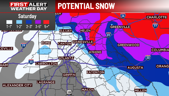 Ella__Dorsey's tweet photo. Realistic snow totals for Saturday:
- A dusting to 2" max in Metro
- 2-3" towards Lake Oconee and Augusta
- 3-5" from Athens to the mountains https://t.co/mNzCNBxNTX