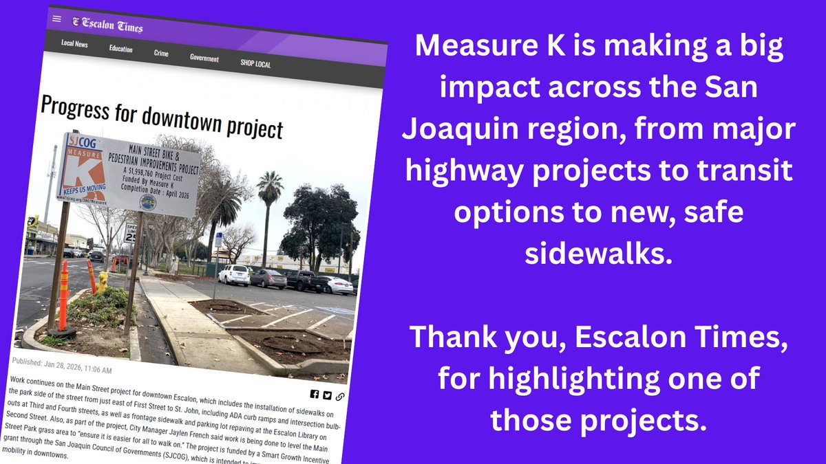 SJCOG's tweet photo. Thanks to @escalontimes Editor Marg Jackson for shooting &amp; posting a great photo highlighting the good that comes from #MeasureK, the half-cent sales tax administered by @SJCOG for transportation projects in San Joaquin County. Escalon is getting new, safer sidewalks &amp; more. https://t.co/lS75k1FDy1
