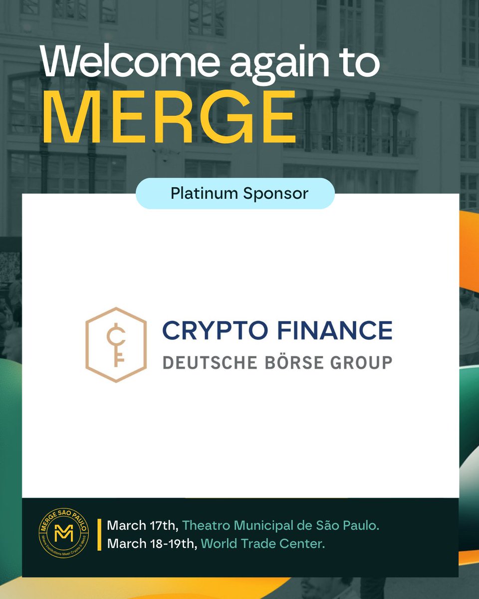 We are thrilled to announce that @CryptoFinanceAG is returning as a  platinum sponsor for MERGE São Paulo! Crypto Finance Group, part of Deutsche  Börse Group, is a Swiss-based leader in providing digital