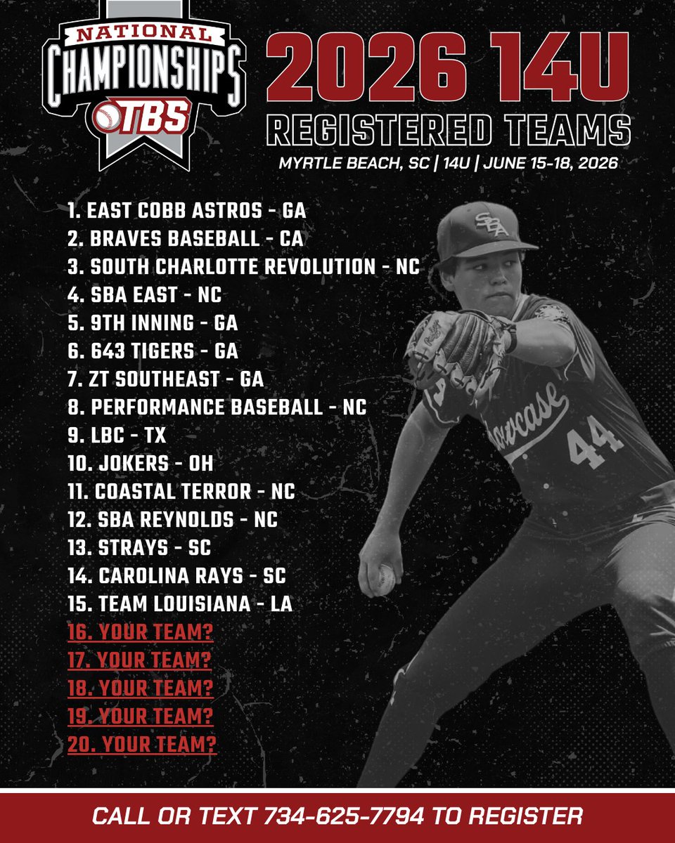 The return of the 14u division has a strong field of teams already but we only have 5 spots left!! What better place to kick off your summer than in Myrtle Beach? Sign up today!

Click here to Register: hubs.li/Q040WgVc0

#TBS2026