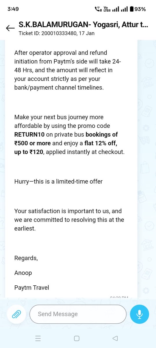 aravinthvvs1's tweet photo. @Paytmcare @Paytm 

I have booked bus ticket on 17th Jan 2026 for 2 people, later I want to cancel When I was cancelling ticket it was shown as 50% refund is available and support person called informed the same. But now you sent message like refund is rejected. I want my refund https://t.co/TvqbgvCDtw