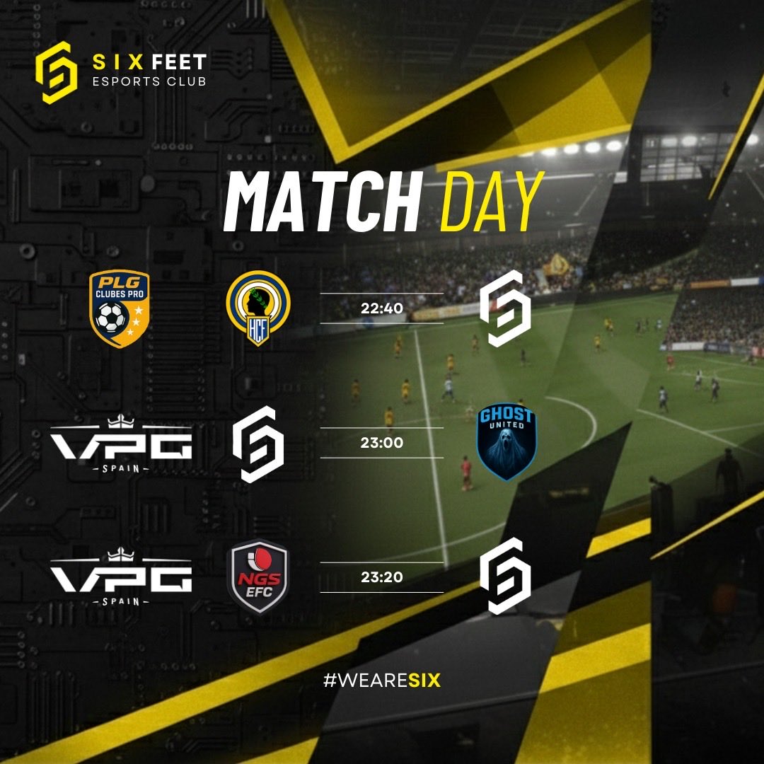 Jornada de jueves🚨‼️

<a href="/PLG_Spain/">PLG España</a> 22:40
✈️ VS <a href="/BallOwners2024/">HERCULES CF eSports</a> 

<a href="/VPG_Spain/">Virtual Pro Gaming España</a> 23:00
🏠 VS Ghost United 

<a href="/VPG_Spain/">Virtual Pro Gaming España</a> 23:20
✈️ VS <a href="/NGS_EFC/">NGS EFC Team</a> 

Vamos a despedir la semana como se merece 💪
#weareSIX