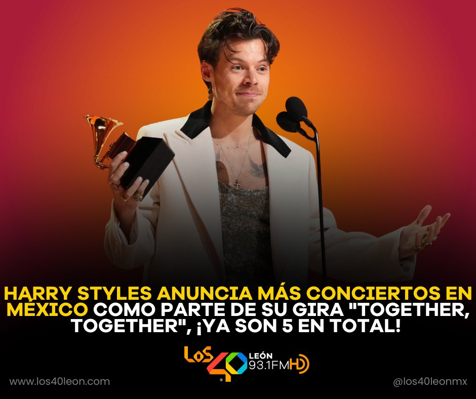 #HarryStyles confirmó su esperado regreso a la Ciudad de México con cinco conciertos en el #EstadioGNPSeguros dentro de su gira mundial #TogetherTogether, que lo llevará por varias ciudades del mundo este 2026 🎶🌍.

los40leon.com/post/harry-sty…