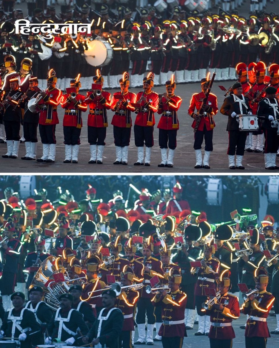 Live_Hindustan's tweet image. विजय चौक पर आयोजित बीटिंग द रिट्रीट समारोह के साथ गणतंत्र दिवस समारोहों का भव्य समापन हुआ। तीनों सेनाओं के बैंड ने मनमोहक धुनों की प्रस्तुति दी, जिसने दर्शकों को मंत्रमुग्ध कर दिया और भारत की सैन्य परंपराओं, अनुशासन और एकता का सशक्त संदेश दिया।

#BeatingRetreat #RepublicDay