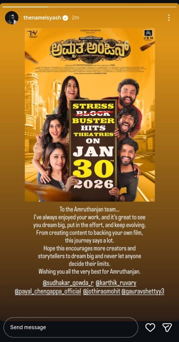 . <a href="/TheNameIsYash/">Yash</a> BOSS wishes #Amruthanjan Team ❤️
Wishing a blockbuster success 🎉

#Yash #TeamYash 
#YashBOSS  #ToxicTheMovie