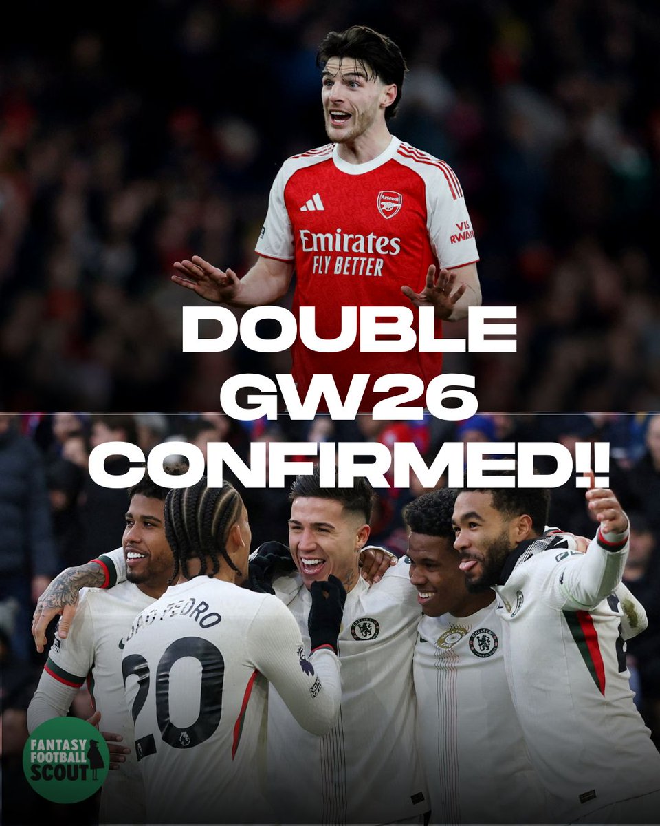 FFScout's tweet image. FPL DOUBLE GAMEWEEK 26 ✅ 

If Arsenal reach the EFL Cup final... 
⭕️ ARS - BRE (A), WOL (A)
🐺 WOL - NFO (A), ARS (H)

If Chelsea reach the EFL up final...
🧿 CHE - LEE (H), EVE (A)
🍬 EVE - BOU (H), CHE (H)