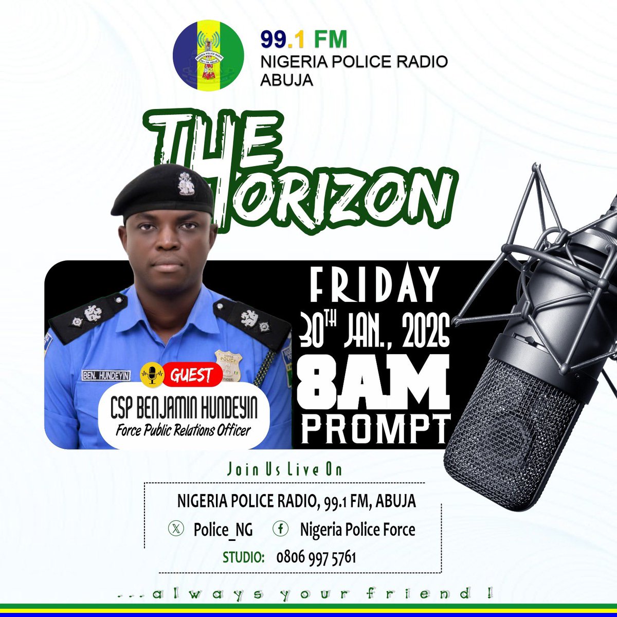 PoliceNG's tweet photo. Join the Force Public Relations Officer tomorrow morning at 8:00 AM on 99.1 FM Nigeria Police Radio. You can also tune in on X (@PoliceNG) or Facebook (npfradio99.1fm). Don’t miss this opportunity to engage directly with the Force as we work together for a safer Nigeria. https://t.co/3sXeJ0PJzw