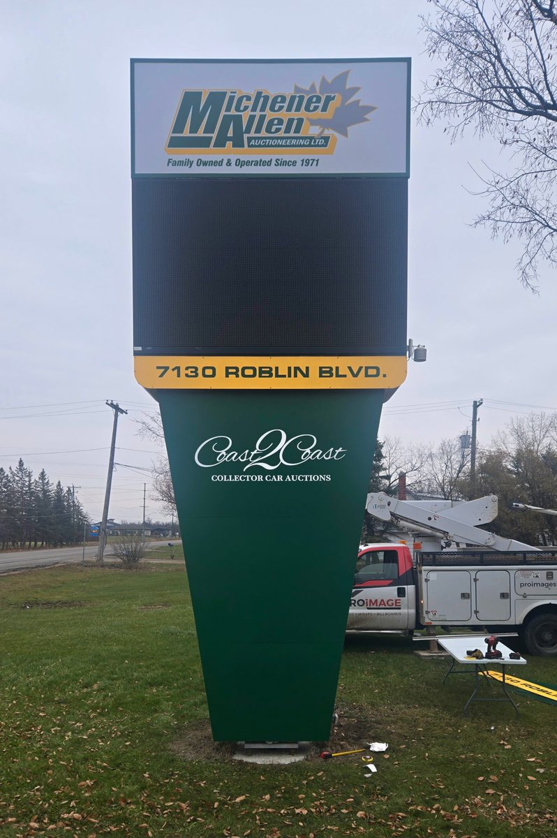 ProimageSigns1's tweet image. We revitalized the @MichenerAuction pylon sign with a modern LED sign box and fresh graphics, transforming the existing structure into a bold new landmark.   #Signrefresh #Pylonsigns