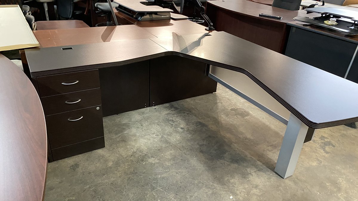 DFSIHOUSTON's tweet photo. Global wood group L shaped desk, commercial grade, espresso finish, one cabinet with lock, wire grommets, dimensions: 6' front x 6.5' left side https://t.co/OYoK53GZ7P