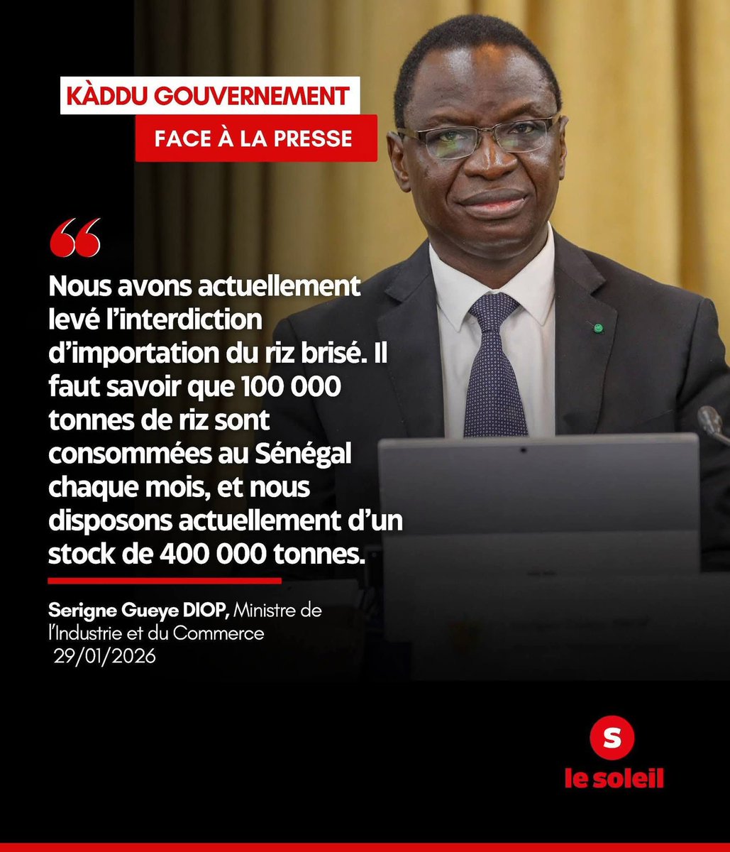 KiliFeuu's tweet photo. 📌Le gouvernement a organisé une conférence de presse ce jeudi 29 janvier 2026, réunissant les ministres de l’Industrie et du Commerce ainsi que celui des Sports.

#soleildigital #lesoleilsn https://t.co/ZCZ9AMXW6S