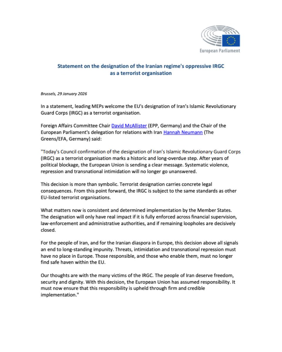 HNeumannMEP's tweet photo. Today's decision of the Council to designate Iran's Islamic Revolutionary Guard Corps #IRGC as a terrorist organisation marks a historic and long-overdue step.

Our Statement in the name of the Delegation for Relations with the People of #Iran: https://t.co/TfgCTLFLpF
