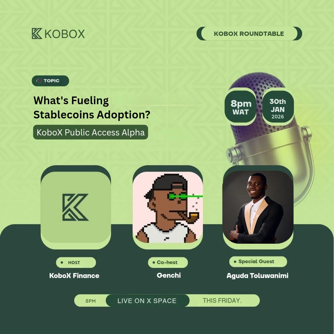 KoboxFinance's tweet photo. What’s really driving stablecoin adoption in Africa and beyond?

Is it hype or real-world utility?

Tomorrow, at 8 PM (WAT), we’ll be talking about the adoption driver, real use cases, and what’s coming with KoboX.

Special guest: @aguboss_ (CEO, KoboX)

Set your reminder below. 👇 Don't miss this.