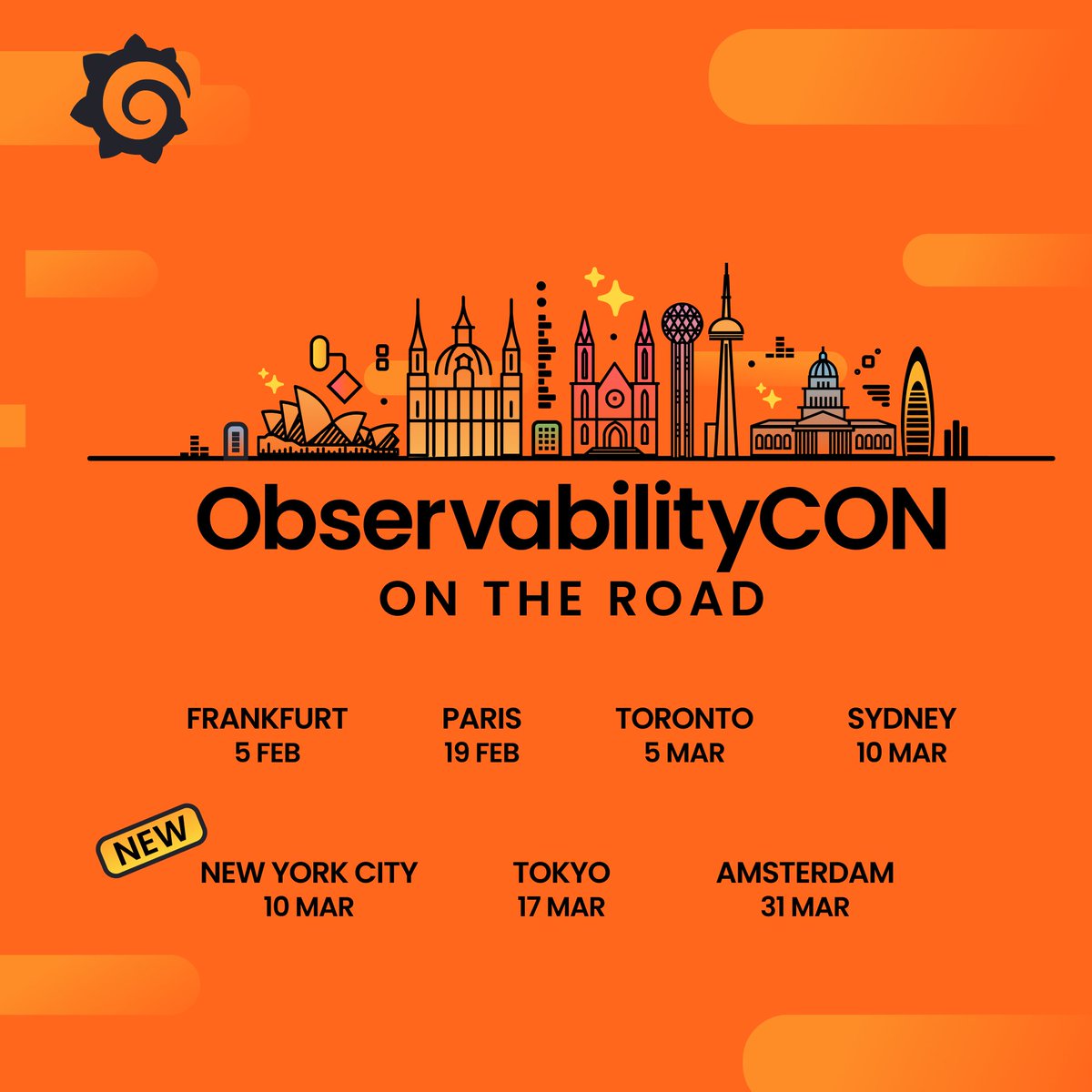 grafana's tweet photo. #ObservabilityCON is making one-day stops around the world, and we've added a new destination: New York City! 🍎

Preview AI solutions and new LGTM Stack releases, deepen your OSS observability expertise, and leave with actionable strategies to drive bigger business impact. 

Register for an event near you: https://t.co/4BVt3h7AkN