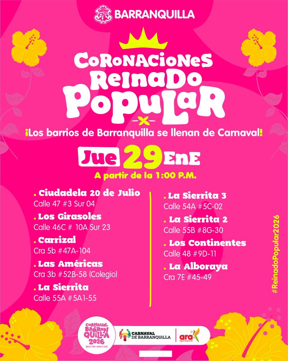 ¡Las Reinas Populares siguen llevando la alegría a cada rincón de la ciudad con sus coronaciones!👑🎉 Tardes llenas de tradición y goce, donde los carnavaleros empiezan a calentar motores para la gran fiesta que se aproxima.

Hoy la ruta continúa y llega a más barrios.