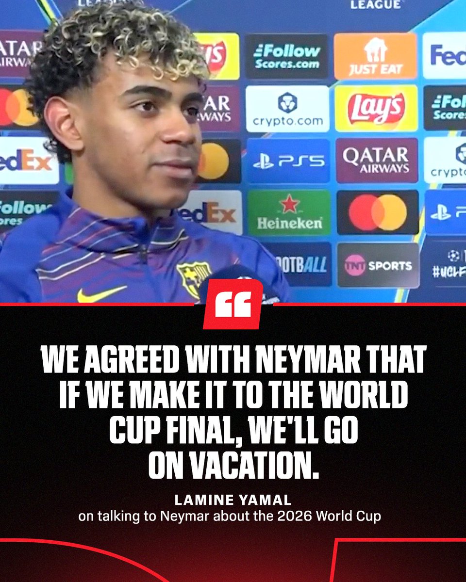 ESPNFC's tweet photo. Lamine Yamal and Neymar Jr. chatted over FaceTime a couple of days before Barcelona's match vs. Copenhagen and both have agreed to go on vacation if Spain were to face Brazil in the World Cup final this year 👀

Yamal would also go on to honor Neymar with one of his signature celebrations after scoring 🔥