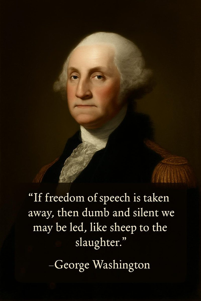 SandraXFreedom's tweet image. When individuals are not allowed to express their thoughts and opinions freely, they lose their ability to challenge authority and may be manipulated or led astray, much like sheep.

U.S first president, George Washington, on our 1st Amendment:

“If freedom of speech is taken…