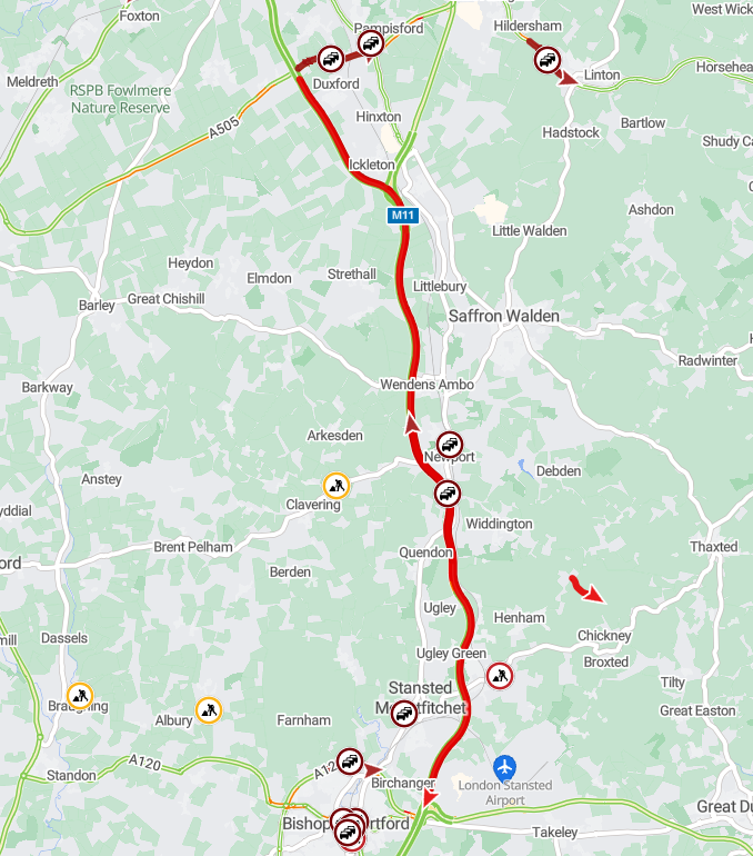 Cambs_Traffic's tweet image. ⚠️ #M11 SB CLOSED between J10 #Duxford and J8 #A120 Birchanger due to an RTC. 
Please find an alternative route.