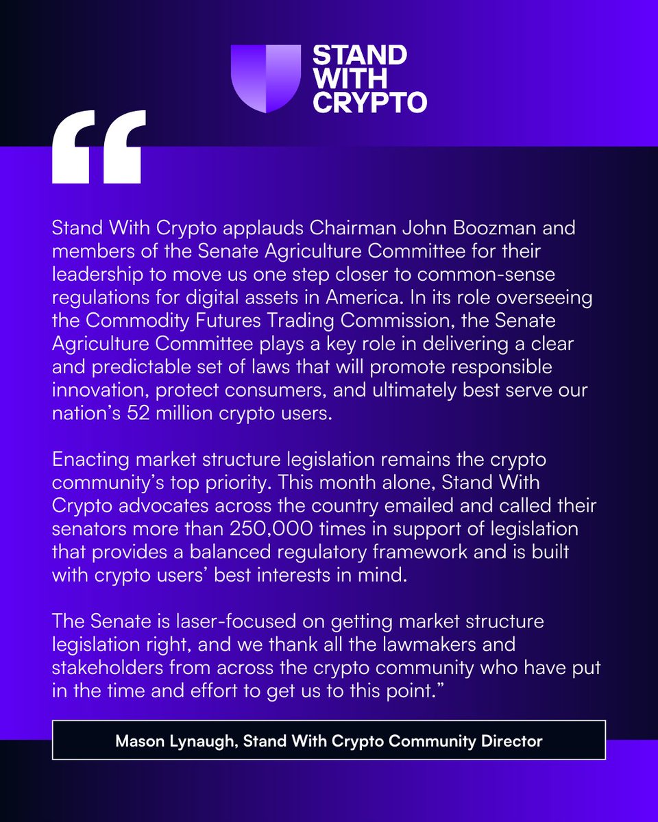 The Senate Committee on Agriculture just advanced market structure  legislation through committee. Our statement below on the importance of  this moment for crypto: https://t.co/QVhCWE6rBb
