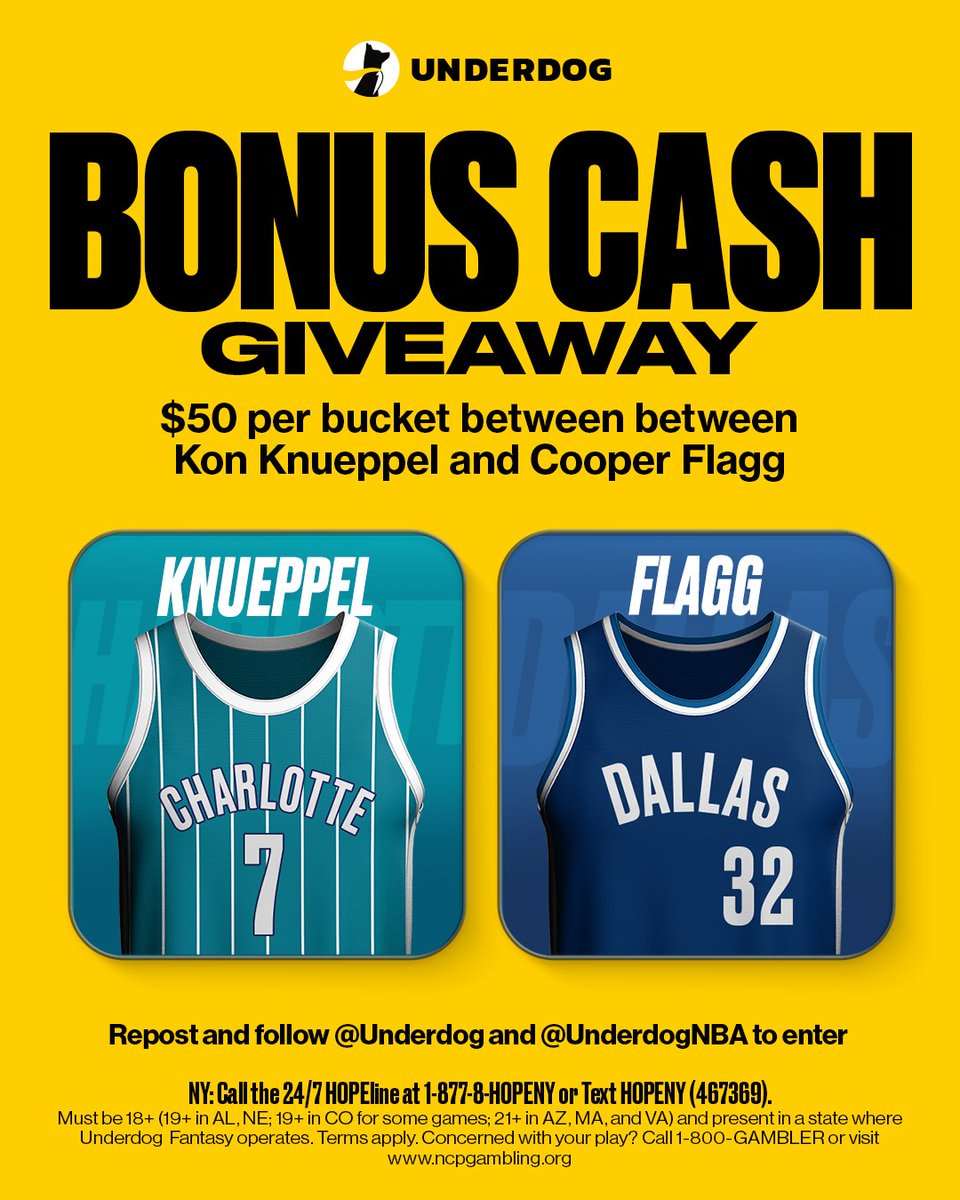Underdog's tweet image. 🚨 BONUS CASH GIVEAWAY 🚨

The Rookie of the Year race is heating up, and they face off tonight 👀

We're adding $50 to the pot for every shot made between Cooper Flagg and Kon Knueppel 💰

To enter...
1⃣ Repost this
2⃣ Follow us @Underdog
3⃣ Follow @UnderdogNBA