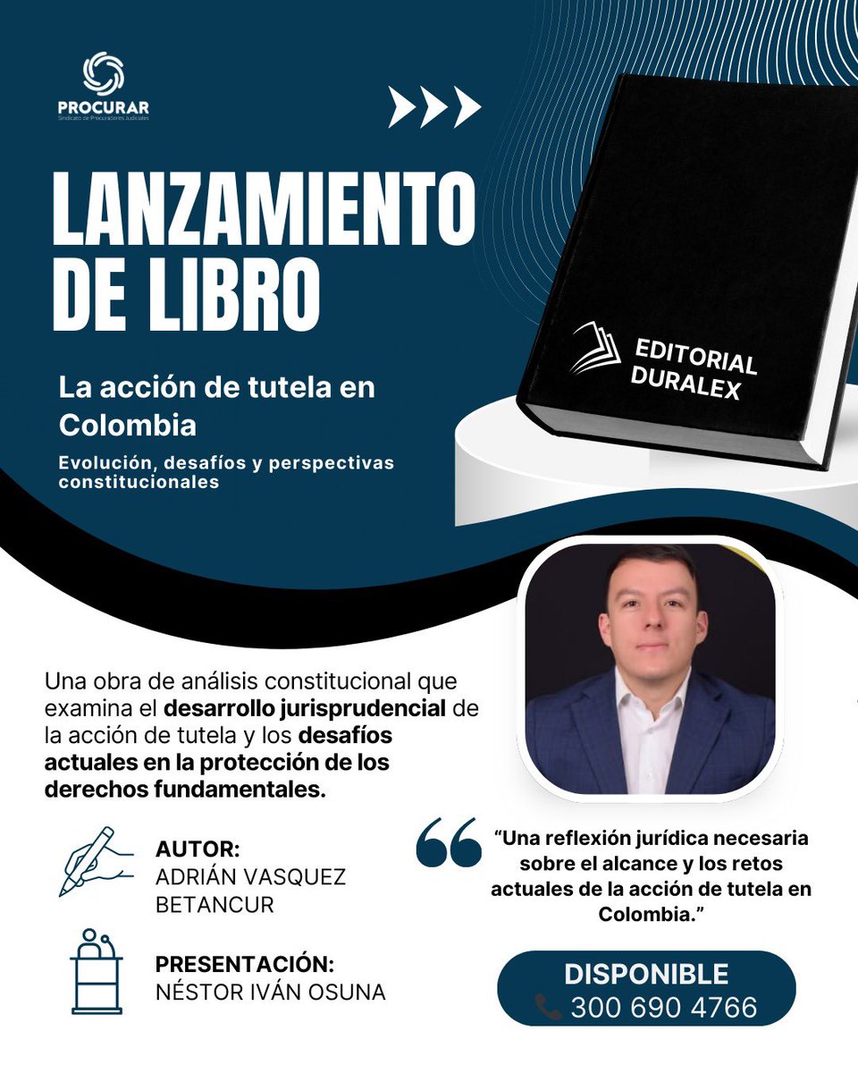 📢 Invitamos a la comunidad jurídica y afiliados a conocer la obra de Adrián Vásquez Betancur, compañero de la <a href="/PGN_COL/">Procuraduría General de la Nación</a>: "La acción de tutela en Colombia". ⚖️📖

Un análisis profundo sobre la evolución y retos del Decreto 2591 de 1991.

🛒 Adquiérelo aquí: 📞 3006904766

#Derecho