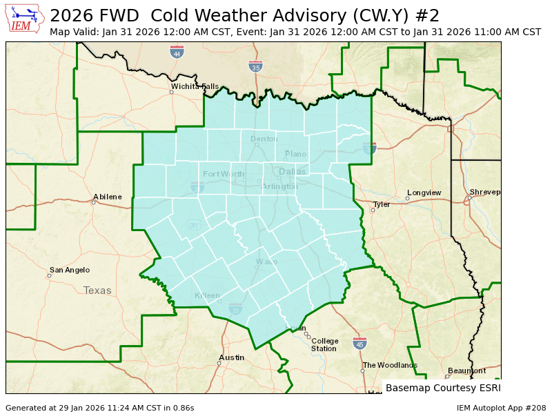 DFWWeatherbot's tweet image. FWD issues Cold Weather Advisory valid at Jan 31, 12:00 AM CST (46 forecast zones in [TX]) till Jan 31, 11:00 AM CST mesonet.agron.iastate.edu/vtec/f/2026-O-…