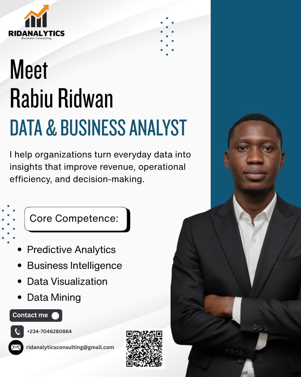 Ridanalytics's tweet photo. Hi Twitter fam 👋

It’s my first official post of the year, so I want to properly reintroduce myself.

My name is Rabiu Ridwan, a natural problem solver who uses data to help businesses make better decisions. I work with real, messy data to uncover insights that drive sales, https://t.co/CJ5ILXhJNw