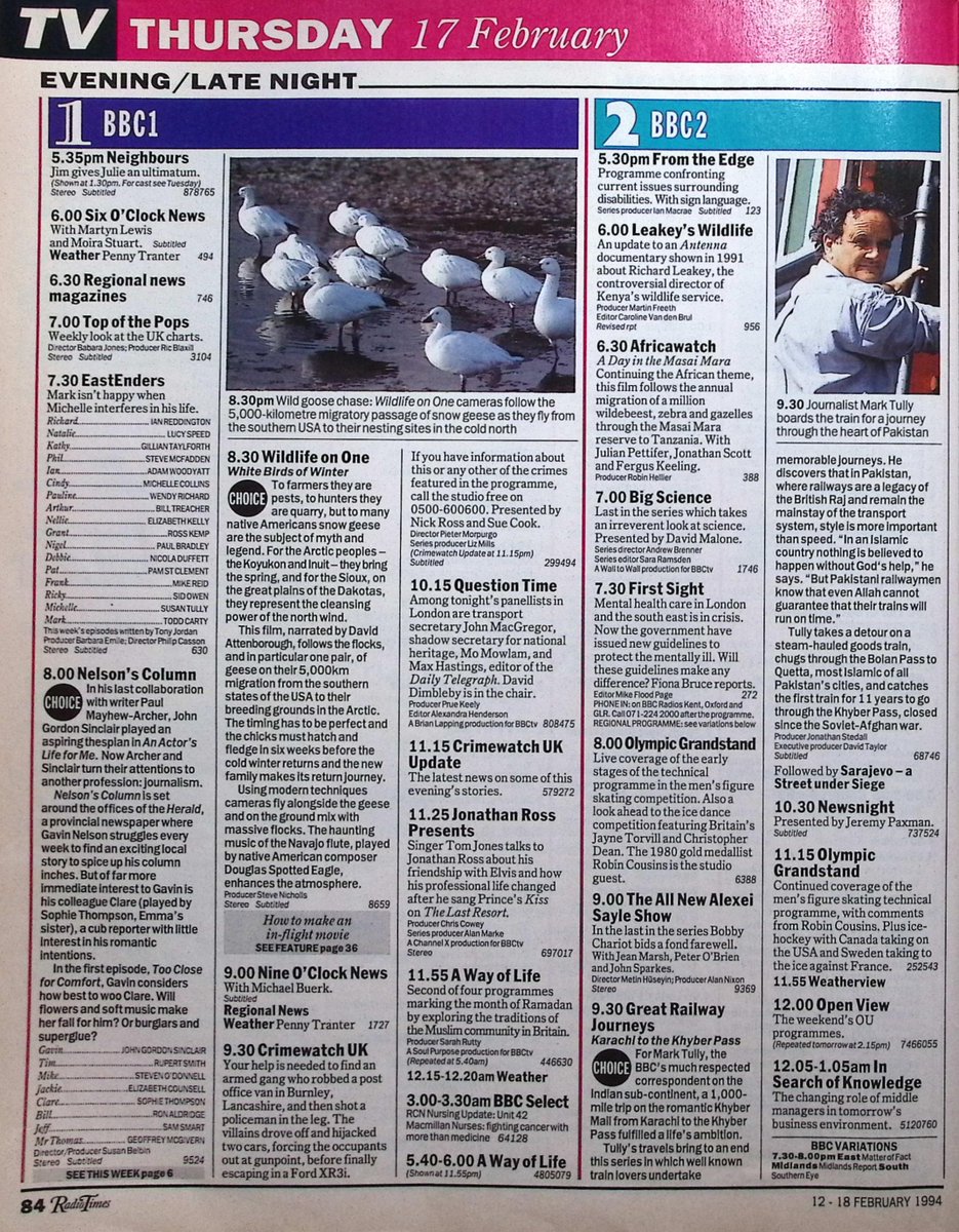 TvDidYouSee's tweet photo. #OnThisDay 17 February 1994 📺TV Listings
Joe and Jack have an agonising decision to make in #Emmerdale.
Mark isn't happy when Michelle interferes in #EastEnders.
#JohnGordonSinclair stars in new comedy NELSON'S COLUMN.
#MarkTully makes one of the GREAT RAILWAY JOURNEYS. https://t.co/8DG0eG8O9R