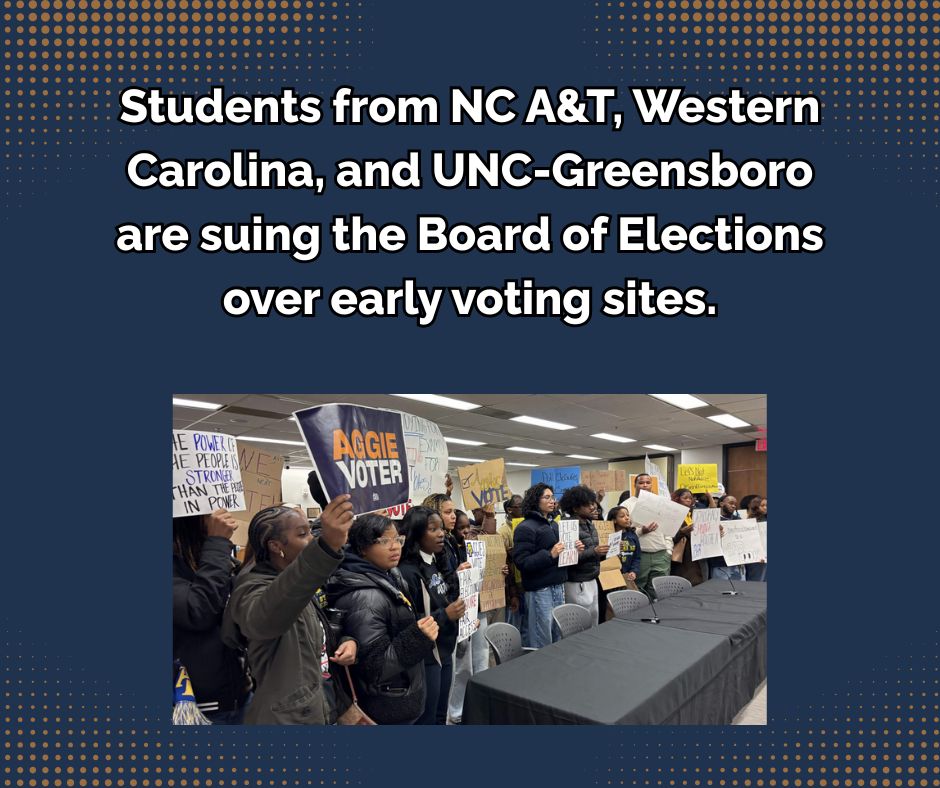 ProgressNow_NC's tweet image. The lawsuit contends that the board’s Republican majority ignored students’ pleas, “brushed aside urgent warnings that their decisions would disproportionately burden young and Black voters and denigrated students who advocated for their rights.” ncpol #voting #aggies #wcu #uncg
