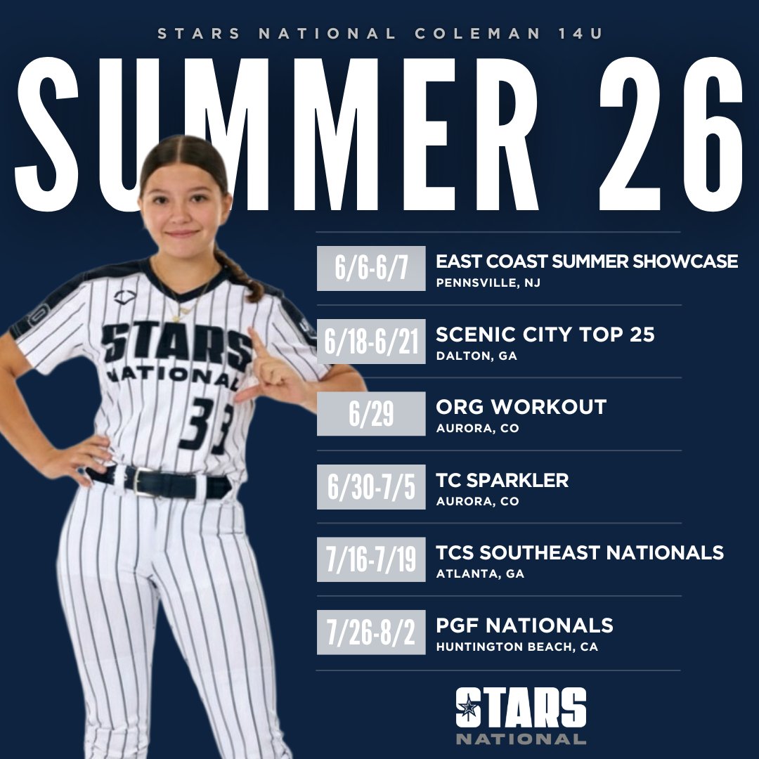 From NJ to CA - summer is going to be 🔥
Excited to compete with my team. Let's go!  
<a href="/Coach_Avant/">AJ Avant</a> <a href="/_coachrachel/">Rachel Coleman</a> <a href="/CompleteGame/">Rob Crews</a> <a href="/LineDsoftball/">Line Drive Media</a> <a href="/ExtraInningSB/">EXTRA INNING SOFTBALL</a> <a href="/StarsNatColeman/">Stars National Coleman</a> <a href="/starsnationalfp/">Stars Organization</a>  <a href="/SoftbalAmerica/">Softball America</a> <a href="/PrepSoftball/">Prep Softball 🥎</a> <a href="/Chas_Pippitt/">Chas Pippitt</a> <a href="/BRrebellion/">Baseball Rebellion</a>