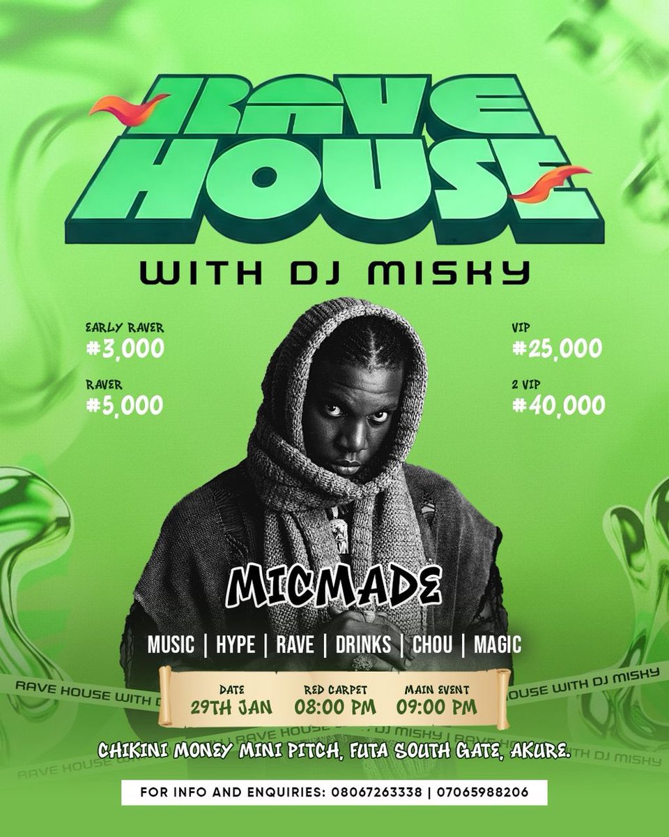 madetheplug's tweet image. Join us tonight at RAVE HOUSE for an unparalleled experience of music, magic, and pure energy. With DJ MISKY on the decks and @heismicmade bringing the heat.
• 🗓 Date: Tonight, Jan 29th
• 📍 Location: Chikini Money Mini Pitch, FUTA South Gate, Akure.
• 🕗 Time : 8:00 PM