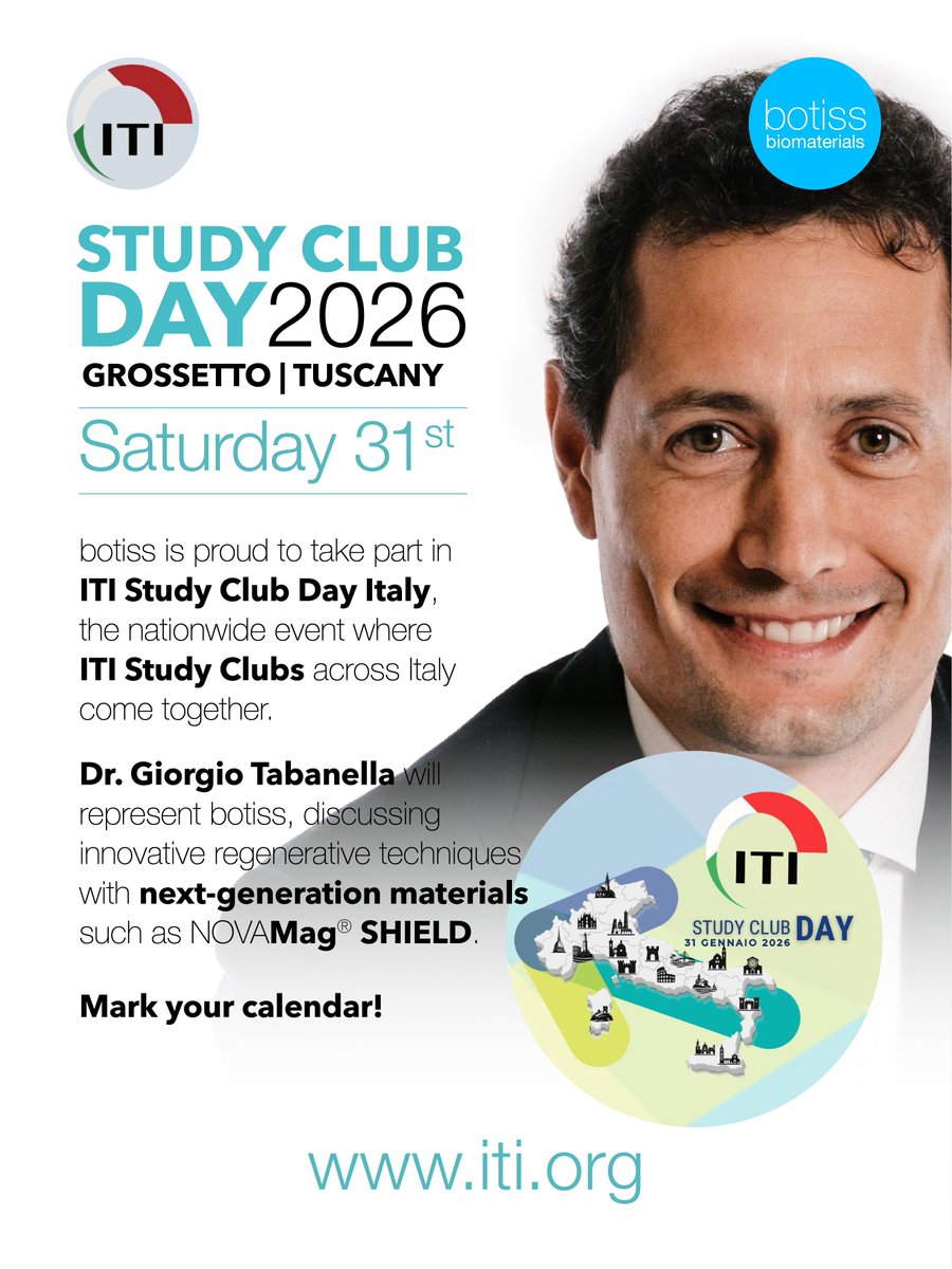 BotissB's tweet image. Save the date: ITI Study Club Day Italy in Tuscany! 🇮🇹

Dr Giorgio Tabanella will speak on “Evolution of regenerative techniques: a low‑morbidity approach using next‑generation materials” with focus on NOVAMag® SHIELD.

#StudyClubDay #ItiItalia #botiss #NOVAMagSHIELD