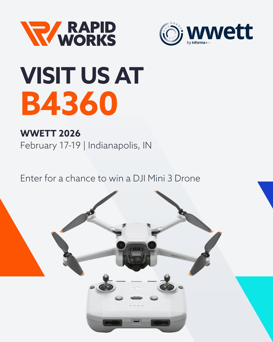RapidWorksCo's tweet photo. Going to @WWETTShow 2026? Visit RapidWorks Booth 4360 for live demos + a shot to win a DJI Mini 3 Drone 🎁

✅ Register FREE w/ code INVITES781
✅ Stop by our booth
✅ You're entered!

Run more jobs. Skip the paperwork. Get paid faster.
#WWETT2026 #RapidWorks #JobManagement https://t.co/EtQ2BkWoZN