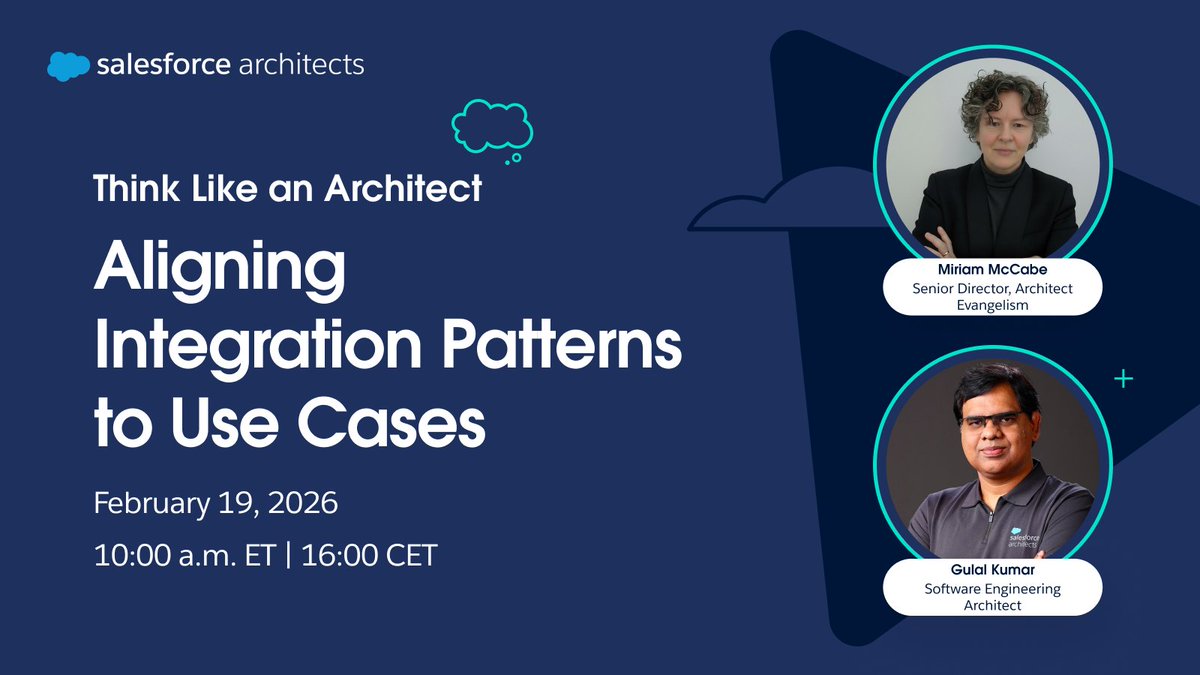 SalesforceArchs's tweet photo. How do architects translate complex requirements to select the right integration pattern? 💭 

Join us Feb. 19 for episode two of Think Like an Architect as experts apply the What/How/Why to a real-world integration scenario.

Register today: https://t.co/AHVCvL7I2G https://t.co/7e6F8XGhBw