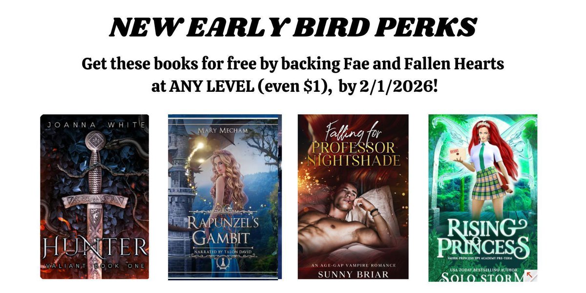 If you back my romantasy book Kickstarter (even for $1), you will get the 4 FREE EBOOKS BELOW.  Limited time - THREE DAYS ONLY!

 #enemiestolovers #fae #Nephilim #princess #kickstarter

tinyurl.com/FaFHKick