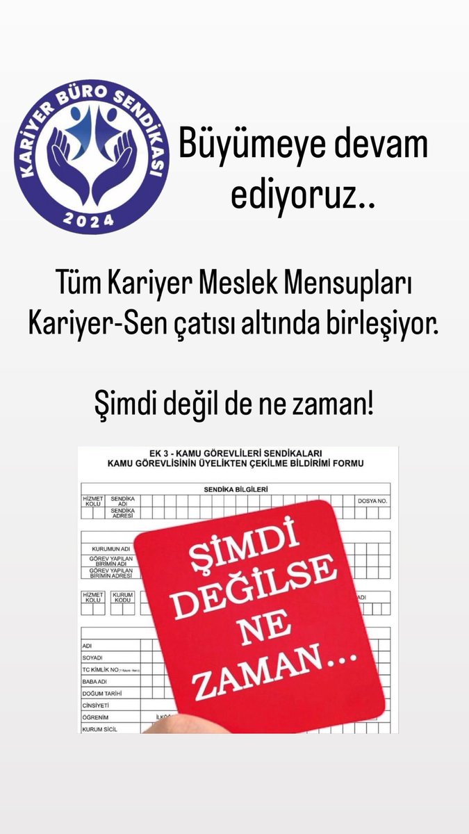 Büyümeye devam ediyoruz.

Haklarımızı birlikte savunmak, mesleki itibarımızı güçlendirmek ve ortak bir gelecek inşa etmek için tüm kariyer meslek mensuplarını KARİYER-SEN çatısı altında buluşmaya davet ediyoruz.

Birlikte daha güçlüyüz. Birlikte daha görünürüz.