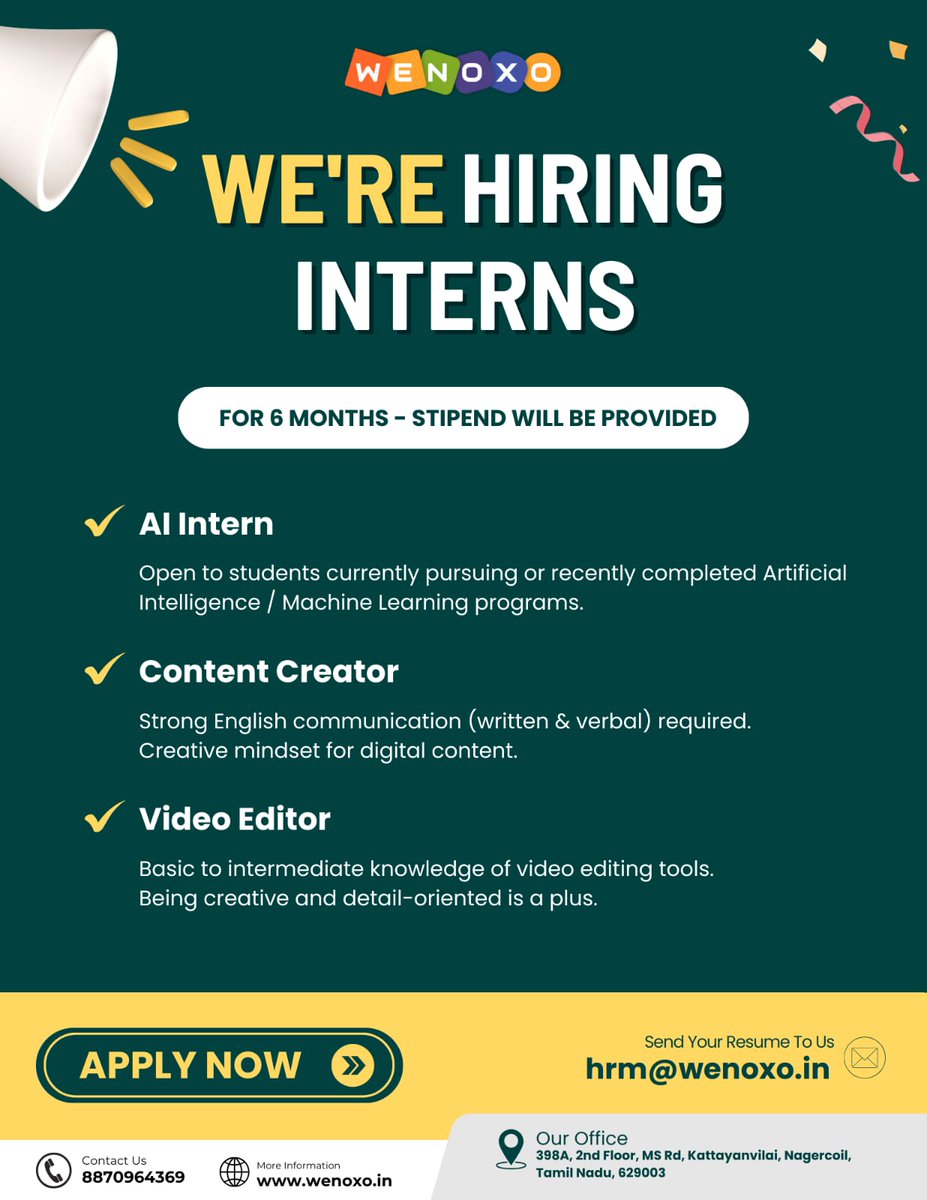 WenoxoTech's tweet photo. We’re hiring interns for AI, Content Creation &amp; Video Editing.
💰 Stipend Available
📩 Apply: hrm@wenoxo.in
#internship #hiringinterns #internshipopportunity #paidinternship
#wenoxo #careersatwenoxo #freshersjobs #studentinternship
#contentcreatorintern #videoeditorintern https://t.co/dqxwITfyK2