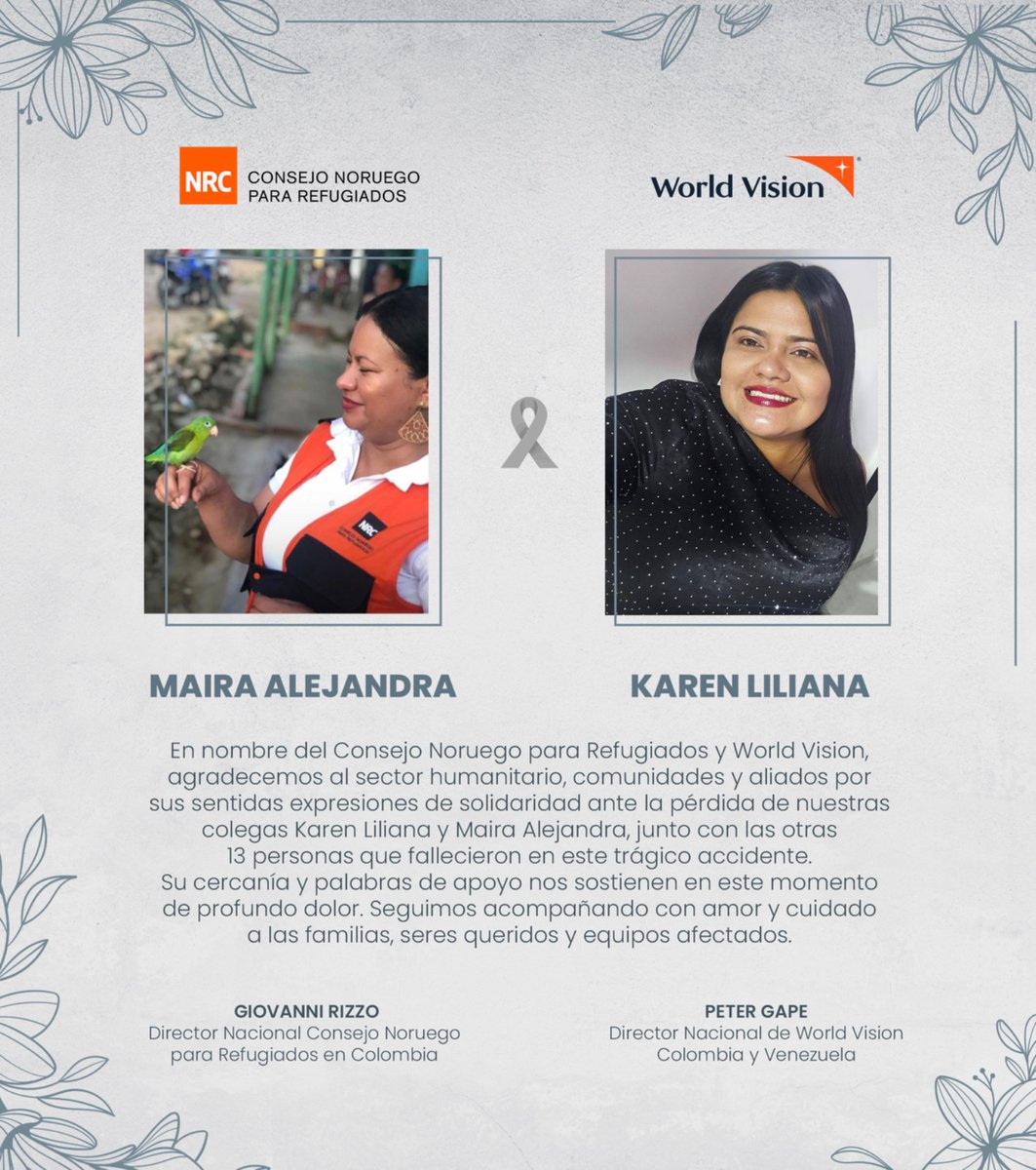 NRC_LAC's tweet image. Valoramos profundamente el apoyo y condolencias expresadas en este momento de duelo por las organizaciones humanitarias, socios y aliados.

Recordamos con gratitud a nuestras compañeras y extendemos nuestro abrazo solidario a todas las familias que hoy enfrentan esta pérdida.…