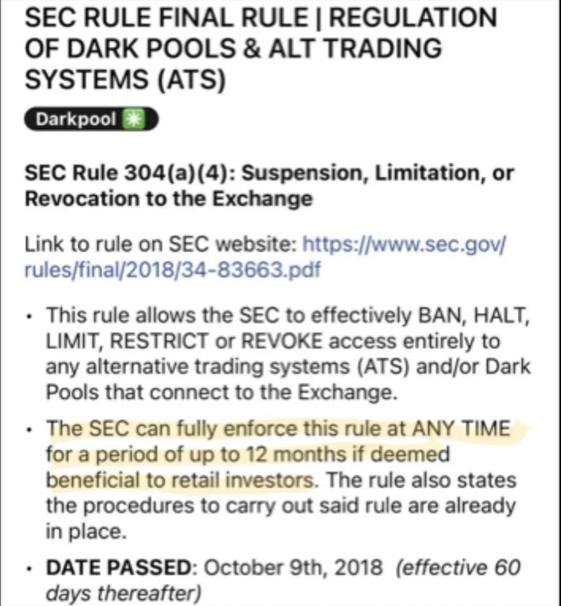When we say the SEC is complicit with short-sellers, here is the proof 👇
“$AMC is being traded 80% or more off exchange in darkpools. While the SEC have full power to stop that, they elected not to, hurting retail shareholders”