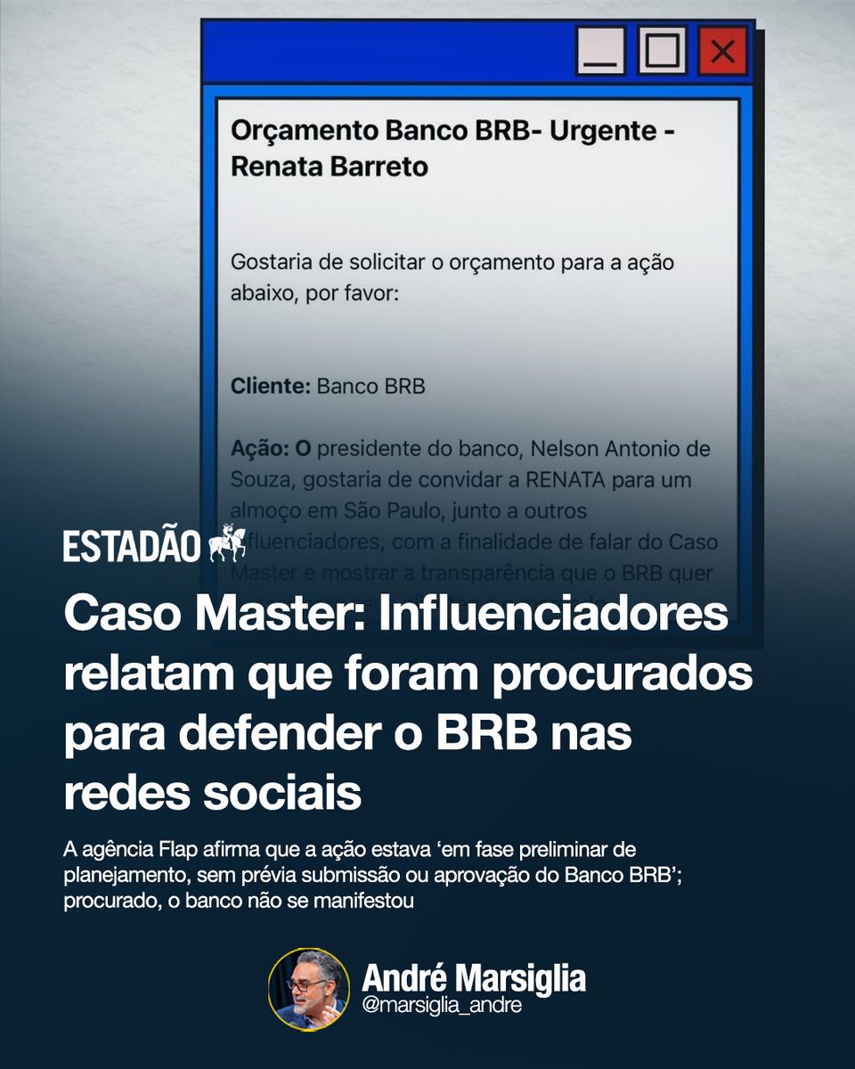 marsiglia_andre's tweet image. Que fique claro: aceitar mudar de opinião, não é publi, mas suborno. O que o BRB e o Master tentaram fazer foi subornar influenciadores. Parabéns aos que não aceitaram.

A matéria diz que influenciadores especializados em finanças com centenas de milhares de seguidores relataram…