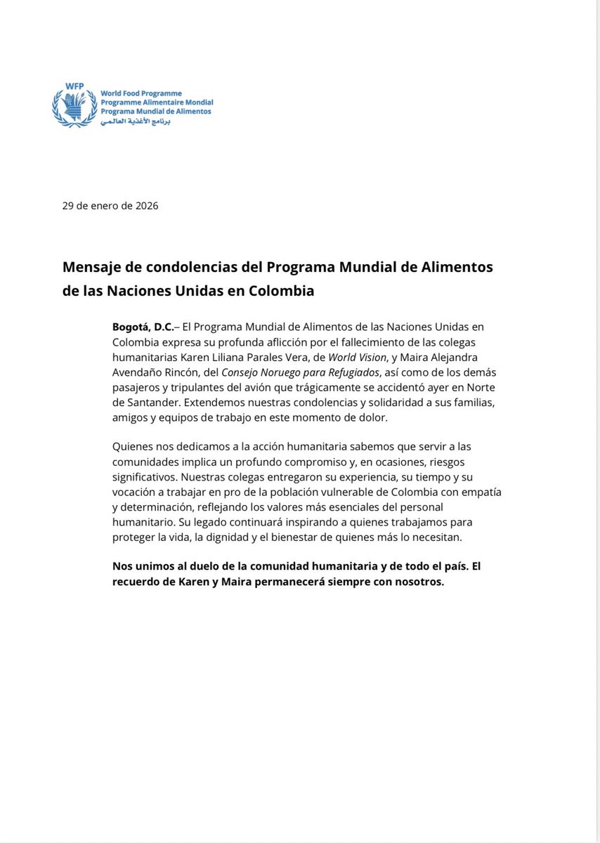 WFP_Colombia's tweet image. Nos unimos al duelo por la pérdida de las colegas Karen @WorldVisionCO y Maira @NRC_LAC, y de las demás víctimas del accidente aéreo. Nuestra solidaridad a sus familias, equipos y a toda la comunidad humanitaria. Su compromiso y vocación seguirán inspirando nuestro trabajo🕊️.