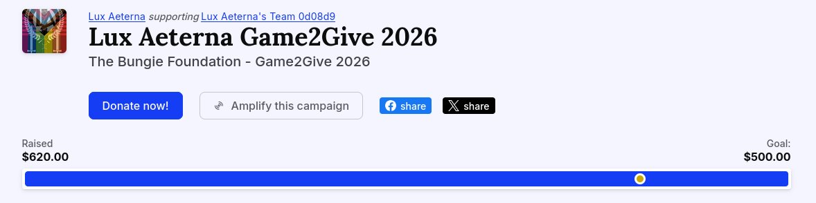 Darki_LP's tweet photo. We’ve reached the final day of G2G26 and raised $620!
A heartfelt thank-you to everyone who contributed and supported the Little Lights.
There’s still time to donate until 11:59 PM PST tonight.

You can donate here: https://t.co/z0bTMuVm9T #Game2Give2026 #game2give
@BungieLove https://t.co/XNMJ0VfKLz