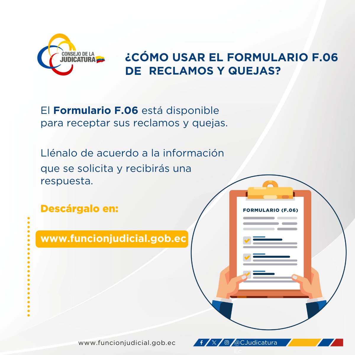 #ATENCIÓN📢

Si tienes quejas por retrasos en un proceso judicial llena  el Formulario F.06 y entrégalo en la Dirección Provincial del Consejo de la Judicatura  de Chimborazo o remítelo al correo electrónico:  formulariof06.06@funcionjudicial.gob.ec